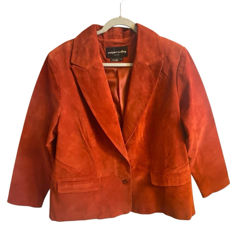 Vintage Margaret Godfrey Cognac Orange Suede Leather Women Blazer Jacket Size 16